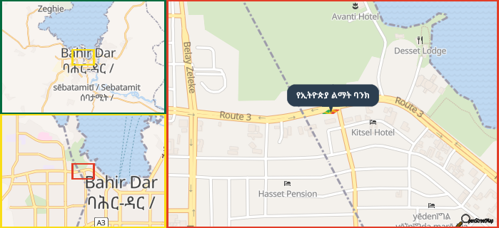 Map showing the address of የኢትዮጵያ ልማት ባንክ in three different zoom levels.