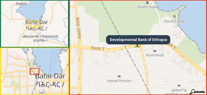 Map showing the address of Developmental Bank of Ethiopia in three different zoom levels.