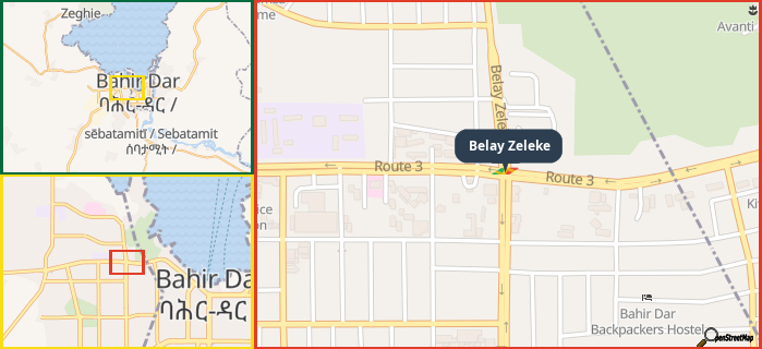 Map showing the address of Belay Zeleke in three different zoom levels.