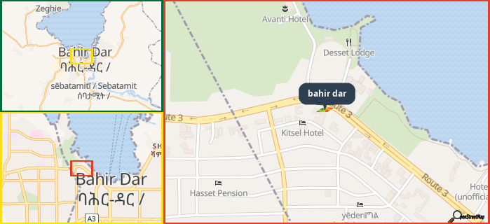 Map showing the address of bahir dar in three different zoom levels.