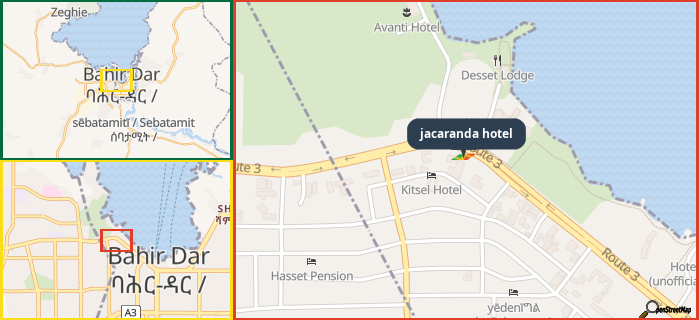 Map showing the address of jacaranda hotel in three different zoom levels.