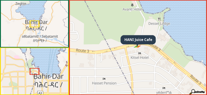Map showing the address of HANI Juice Cafe in three different zoom levels.