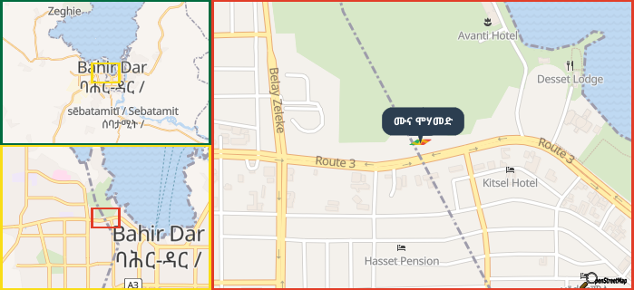 Map showing the address of ሙና ሞሃመድ in three different zoom levels.
