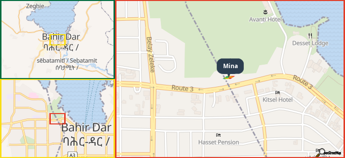 Map showing the address of Mina in three different zoom levels.