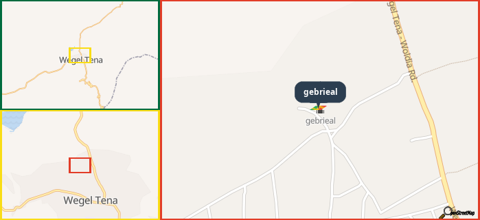 Map showing the address of gebrieal in three different zoom levels.