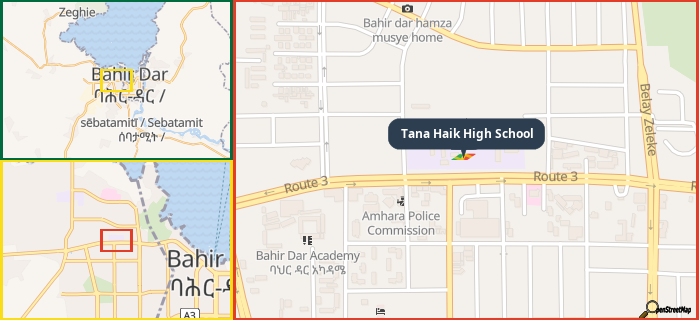 Map showing the address of Tana Haik High School in three different zoom levels.