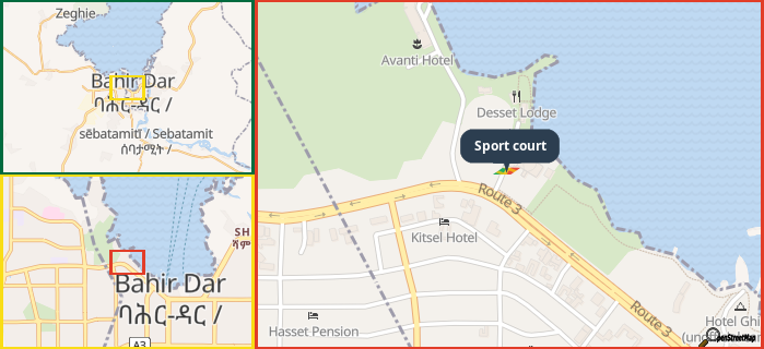 Map showing the address of Sport court in three different zoom levels.
