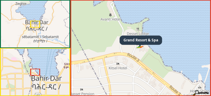Map showing the address of Grand Resort & Spa in three different zoom levels.