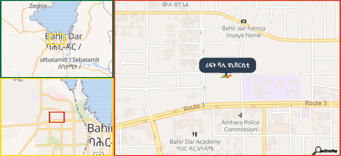 Map showing the address of ሪፍት ቫሊ ዩኒቨርሲቲ in three different zoom levels.