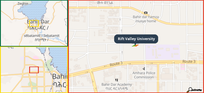 Map showing the address of Rift Valley University in three different zoom levels.