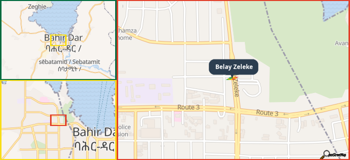 Map showing the address of Belay Zeleke in three different zoom levels.