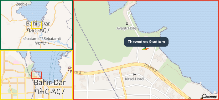 Map showing the address of Thewodros Stadium in three different zoom levels.