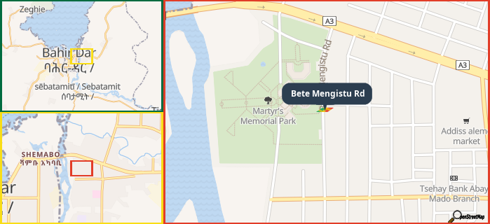 Map showing the address of Bete Mengistu Rd in three different zoom levels.