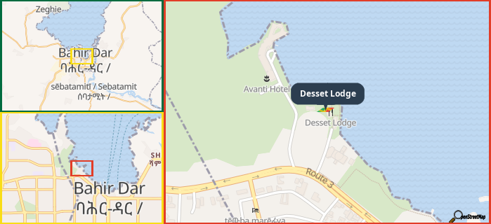 Map showing the address of Desset Lodge in three different zoom levels.