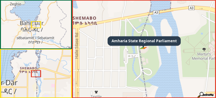 Map showing the address of Amharia State Regional Parliament in three different zoom levels.