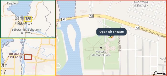 Map showing the address of Open Air Theatre in three different zoom levels.