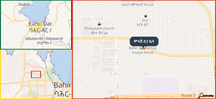Map showing the address of ምላሽ ስጋ ቤት in three different zoom levels.