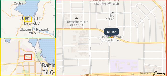Map showing the address of Milash in three different zoom levels.