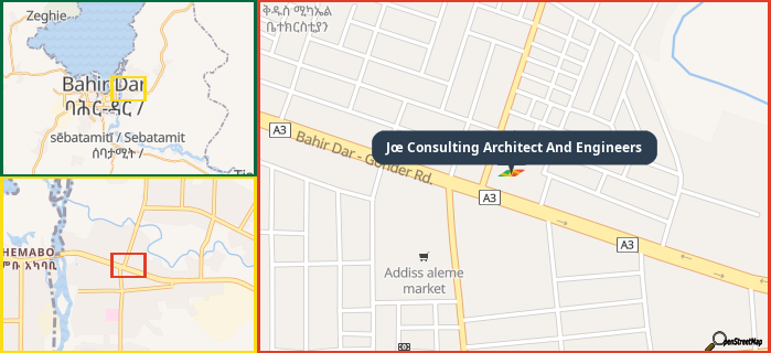 Map showing the address of Jœ Consulting Architect And Engineers in three different zoom levels.