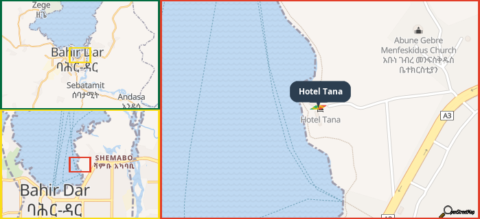 Map showing the address of Hotel Tana in three different zoom levels.