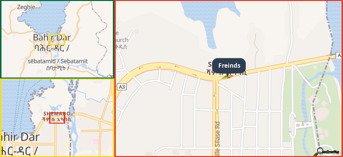 Map showing the address of Freinds in three different zoom levels.