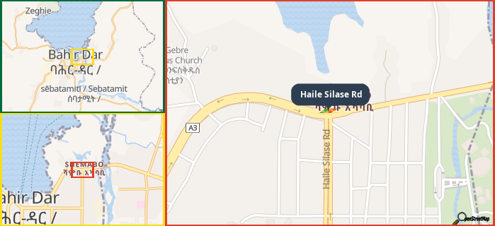 Map showing the address of Haile Silase Rd in three different zoom levels.