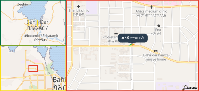 Map showing the address of ዳሳሽ ምግብ ቤት in three different zoom levels.