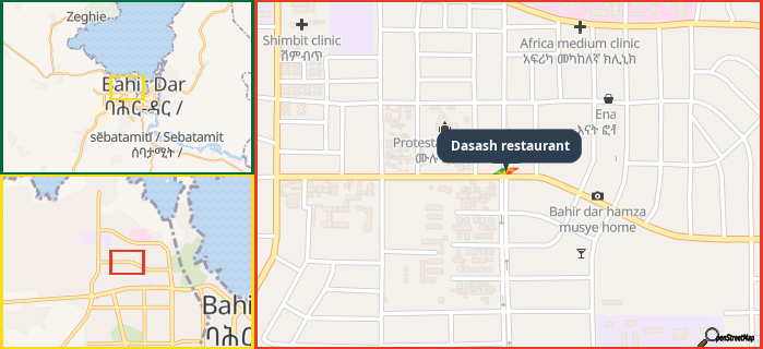 Map showing the address of Dasash restaurant in three different zoom levels.
