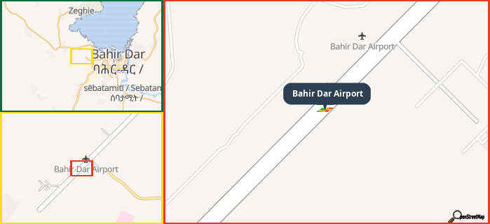 Map showing the address of Bahir Dar Airport in three different zoom levels.
