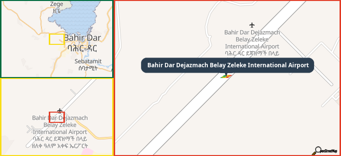 Map showing the address of Bahir Dar Dejazmach Belay Zeleke International Airport in three different zoom levels.