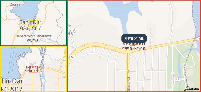 Map showing the address of ሻምቡ አካባቢ in three different zoom levels.