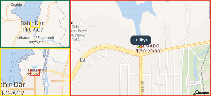 Map showing the address of Oilibya in three different zoom levels.