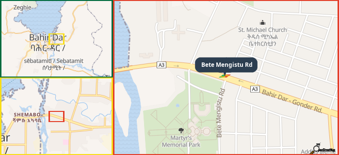 Map showing the address of Bete Mengistu Rd in three different zoom levels.