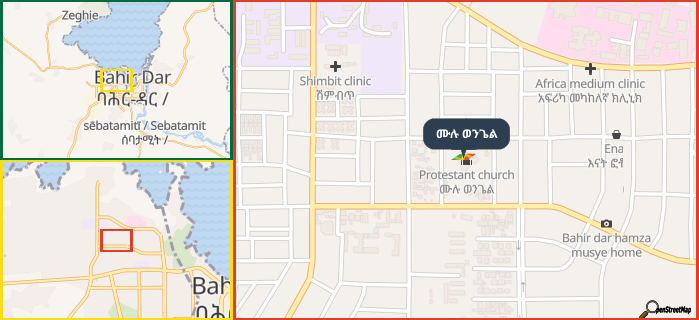Map showing the address of ሙሉ ወንጌል in three different zoom levels.