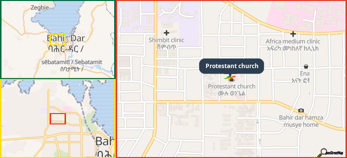 Map showing the address of Protestant church in three different zoom levels.