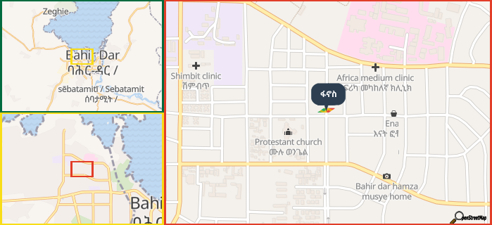 Map showing the address of ፋኖስ in three different zoom levels.