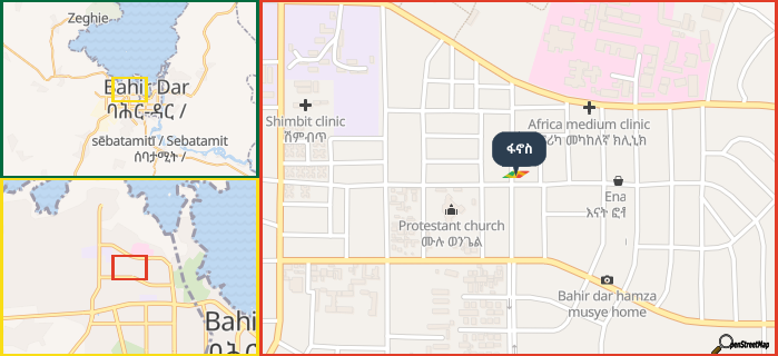 Map showing the address of ፋኖስ in three different zoom levels.