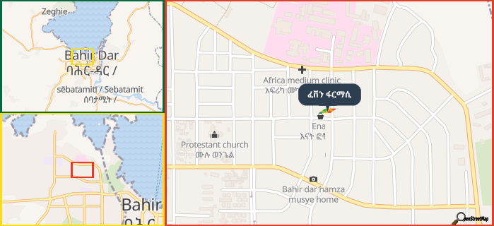 Map showing the address of ፈቨን ፋርማሲ in three different zoom levels.