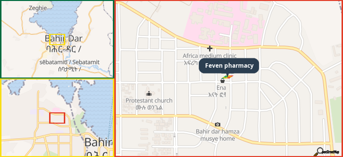 Map showing the address of Feven pharmacy in three different zoom levels.