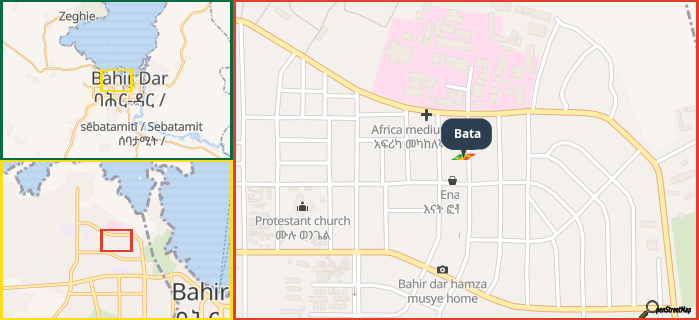 Map showing the address of Bata in three different zoom levels.