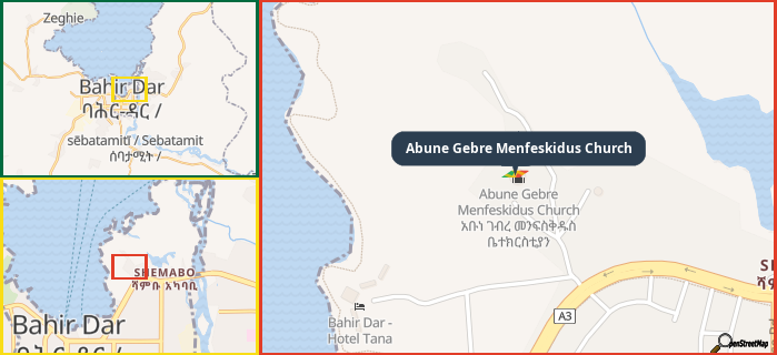 Map showing the address of Abune Gebre Menfeskidus Church in three different zoom levels.