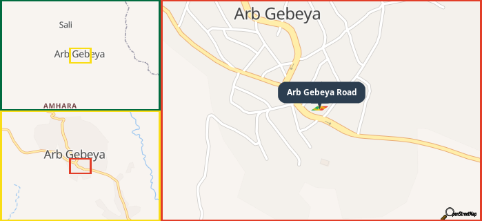Map showing the address of Arb Gebeya Road in three different zoom levels.