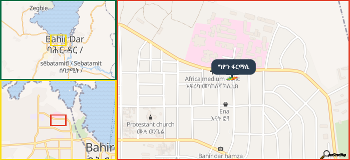 Map showing the address of ግዮን ፋርማሲ in three different zoom levels.