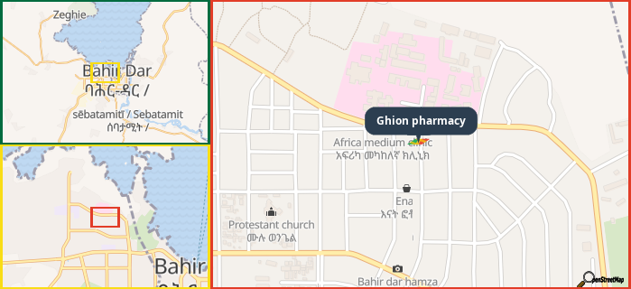 Map showing the address of Ghion pharmacy in three different zoom levels.