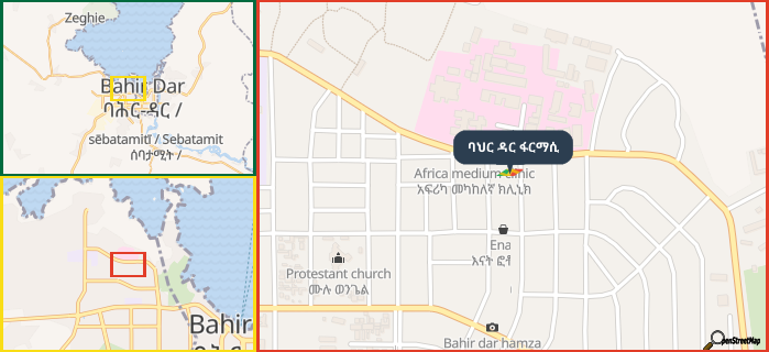 Map showing the address of ባህር ዳር ፋርማሲ in three different zoom levels.