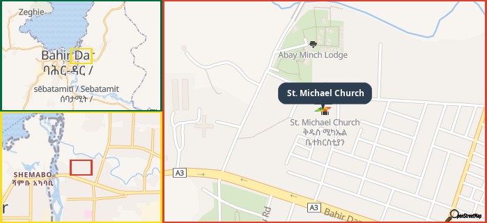 Map showing the address of St. Michael Church in three different zoom levels.