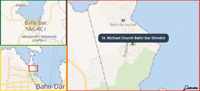 Map showing the address of St. Michael Church Bahir Dar Shimbit in three different zoom levels.