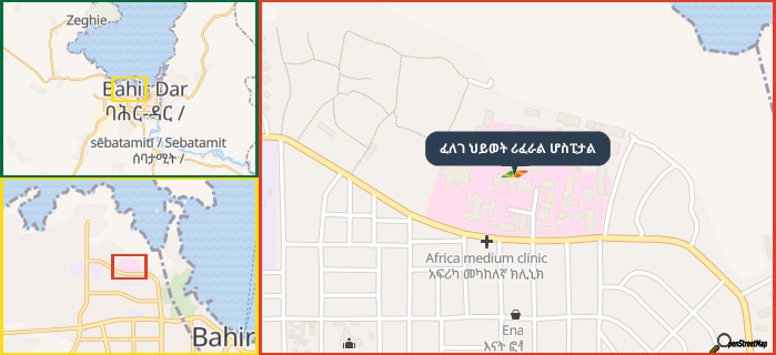 Map showing the address of ፈለገ ህይወት ሪፈራል ሆስፒታል in three different zoom levels.