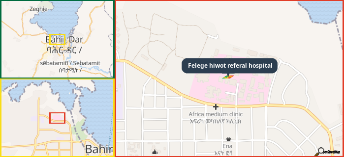 Map showing the address of Felege hiwot referal hospital in three different zoom levels.