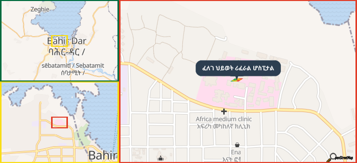 Map showing the address of ፈለገ ህይወት ሪፈራል ሆስፒታል in three different zoom levels.